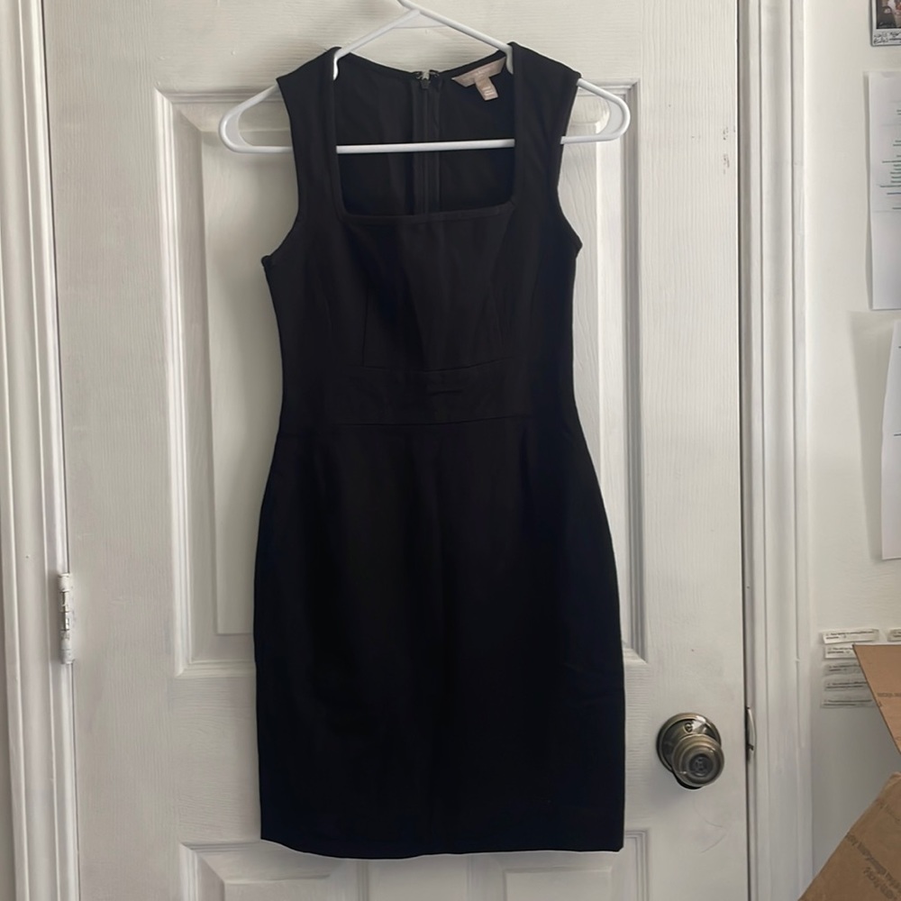 Black, form-fitting sleeveless square-neck Banana Republic dress